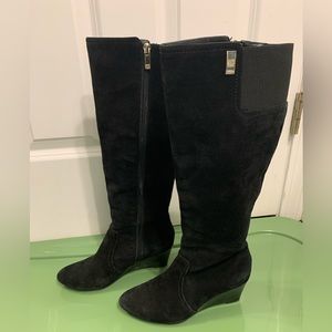 Anne Klein Akedenia Size 6 Black Suede Leather Suede Knee High Wedge Boots
